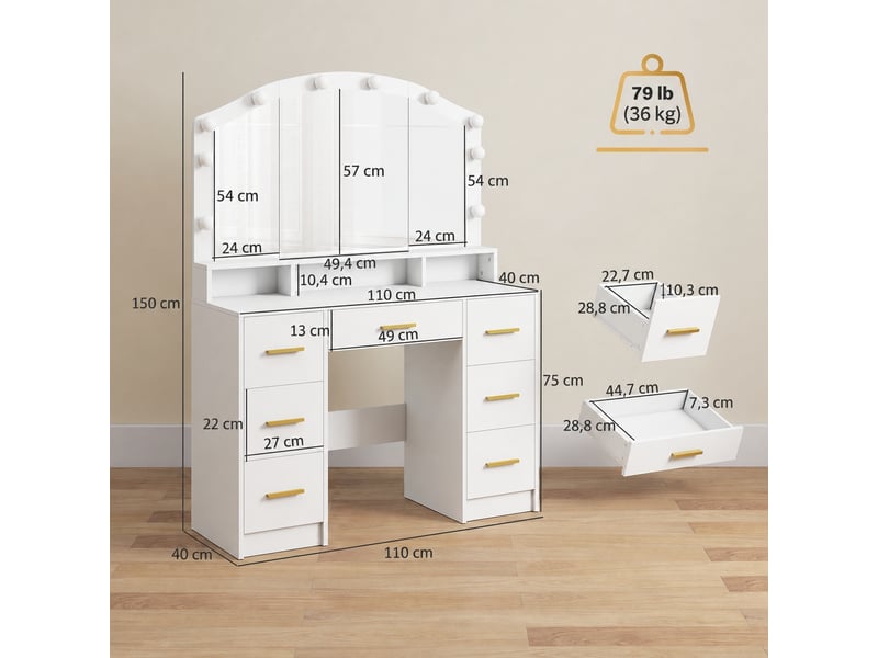  Coiffeuse blanche avec miroir lumineux led, 3 teintes, 7 tiroirs et 3 niches, 110 x 40 x 150 cm  - Conforama C