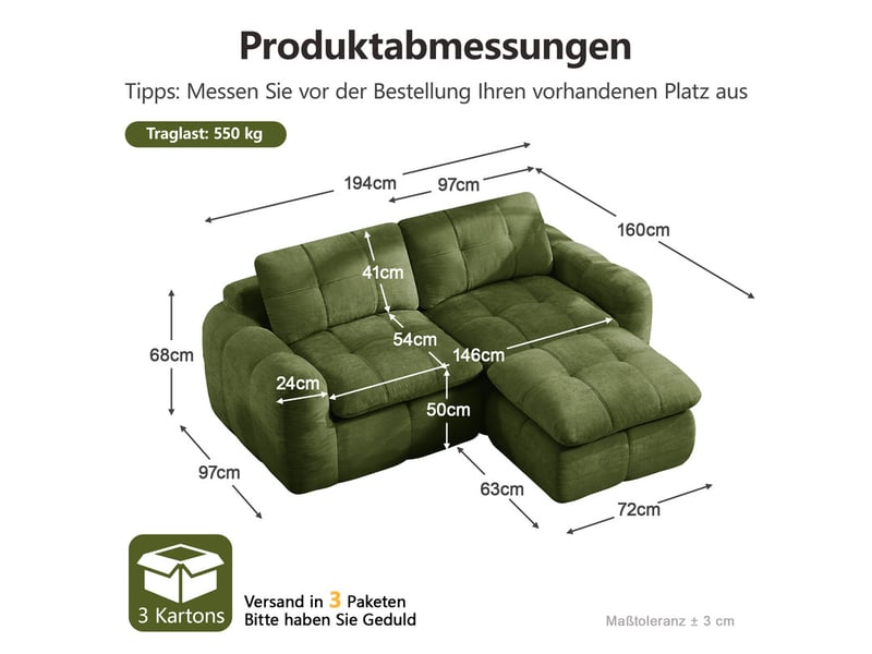 Canapé d'angle modulable ,2 places,sans structure rigide,base antidérapante,194x160x68,vert  - Conforama C