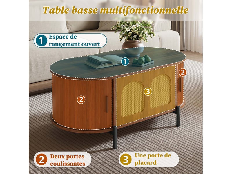 Table basse ovale en rotin 100x50x40 cm avec espace de rangement, portes coulissantes, pour salon, mdf, couleur noyer - Conforama D