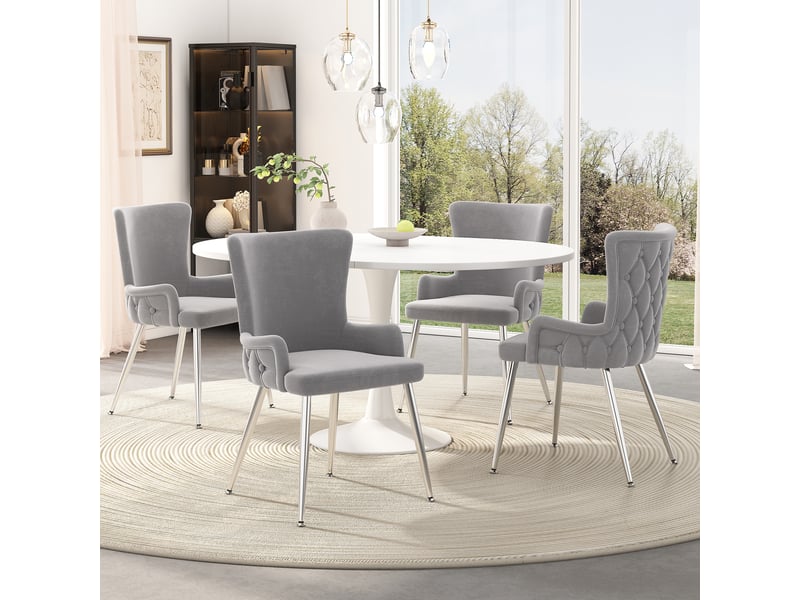  Lot de 6 chaises de salle à manger en velours gris, pieds en métal argenté  - Conforama C
