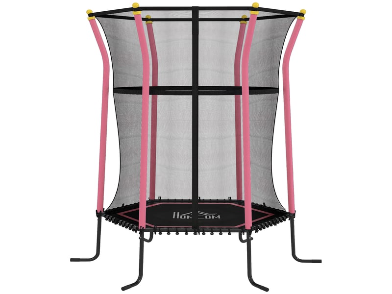 Trampoline pour enfant 1,22 x 1,11 x 1,9 m filet de sécurité porte zippée 6 poteaux rembourrés inclus rose noir - Conforama A