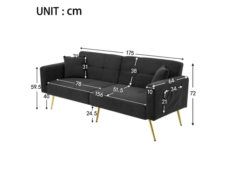  Canapé droit convertible 2 places 175 cm gris antique en sherpa, dossier 3 positions, poches latérales et pieds dorés Fay Lum - Conforama C
