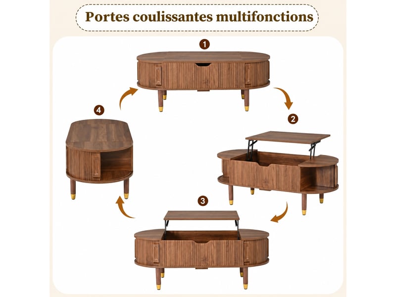  Table basse ovale relevable en mdf effet noyer avec rangement et portes coulissantes, 110 x 48 x 57 cm  - Conforama E