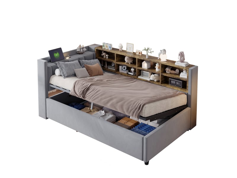  Lit coffre 90x200 cm en velours gris clair avec veilleuse et ports usb  - Conforama A
