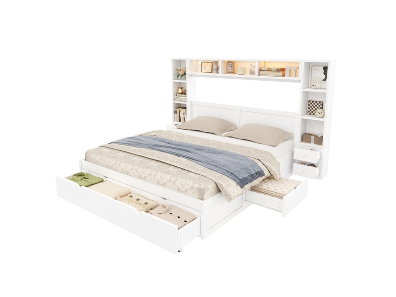  Lit plateforme 140 x 200 cm avec tête et pied de lit, 7 tiroirs, multiples rangements et éclairage led, blanc ABC - Conforama A