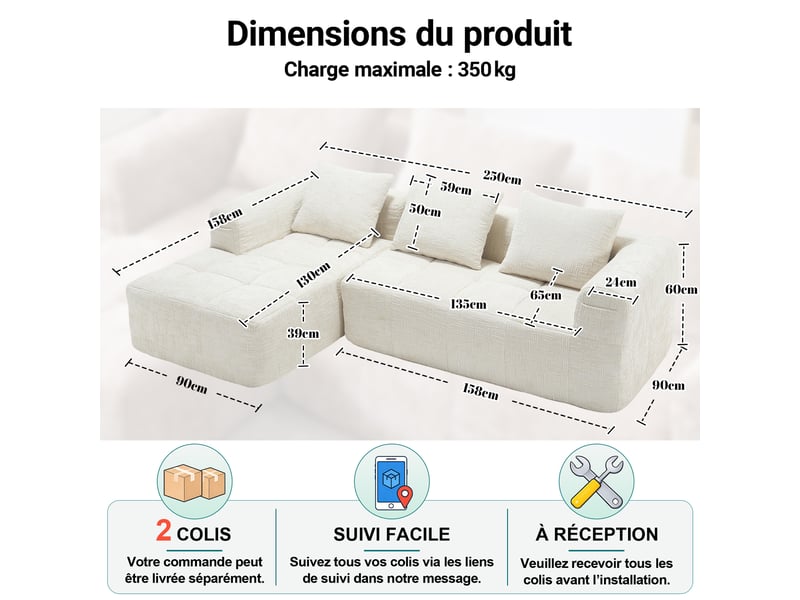  Canapé d'angle modulable 3 places avec méridienne, poches latérales et 3 coussins en chenille beige  - Conforama D