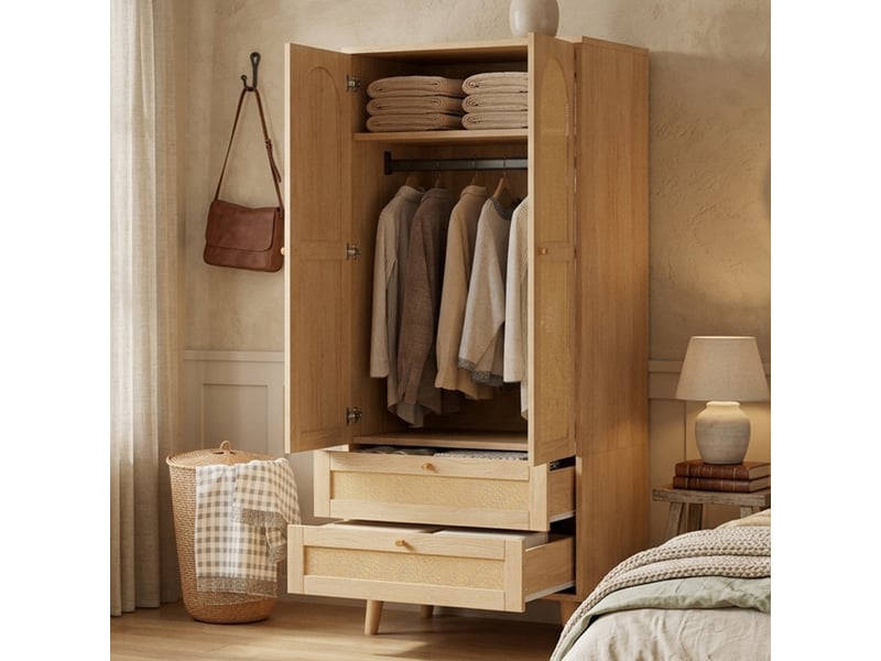  Armoire penderie 80x50x180 cm - 2 tiroirs - étagères - portes effet cannage - style bohème - mdf - naturel CozyNest - Conforama E