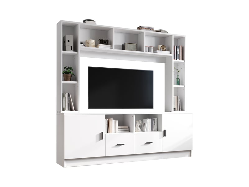  Meuble tv blanc avec 2 portes et 2 tiroirs, rangement multifonction en panneau de particules  - Conforama D