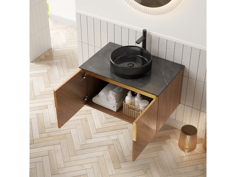 Meuble vasque suspendu en verre, pierre frittée et contreplaqué avec 2 portes noir et brun chêne chicfurn - Conforama E