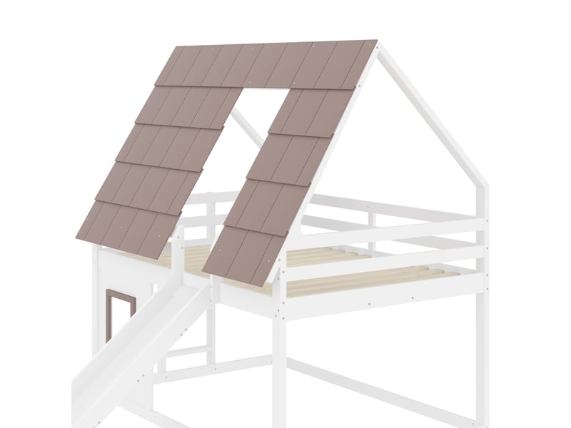  Lit superposé cabane blanc et marron 140x200 cm en bois avec toit, fenêtre, échelle, toboggan et barrières de sécurité  - Conforama E