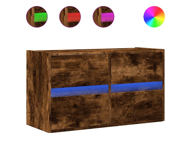 Meuble tv - banc tv - meuble de rangement mural avec lumières led chêne fumé 80x31x45 cm - Conforama A