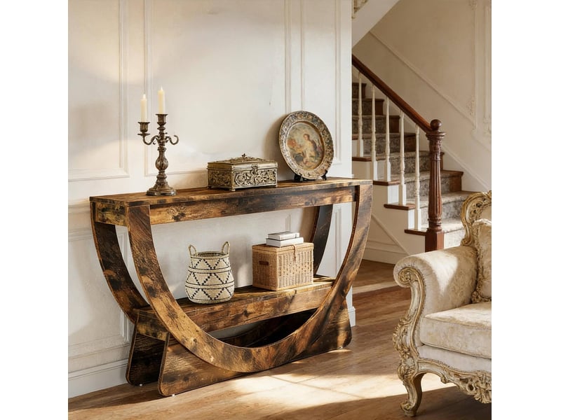  Meuble tv avec 2 étagères ouvertes et passe-câbles style maison de campagne pour salon en mdf brun rustique  - Conforama B