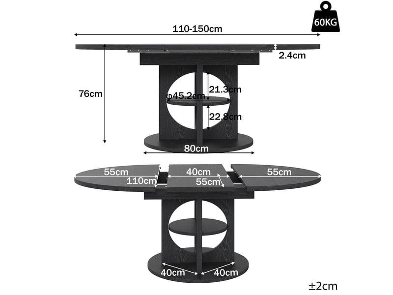  Table de salle à manger extensible avec étagère intégrée, ronde à ovale, pour cuisine et salle à manger, en mdf noir  - Conforama E