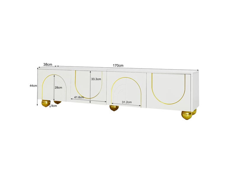  Meuble tv 170 cm blanc et doré, 4 portes, pieds dorés, ouverture push-open  - Conforama C