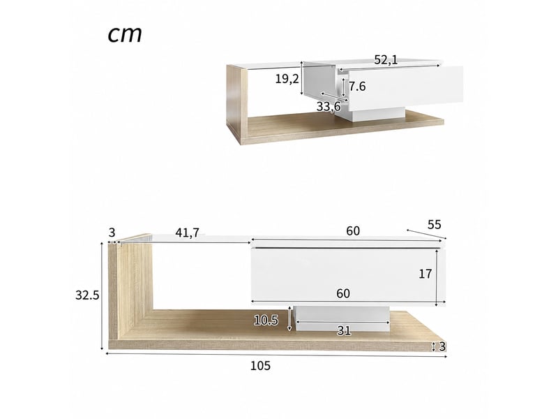  Table basse blanche brillante et effet bois avec éclairage led 16 couleurs, 105 x 55 cm  - Conforama C
