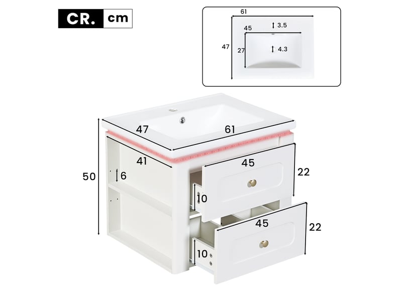Meuble sous lavabo suspendu 61x47x50 cm blanc brillant avec led et vasque - Conforama C