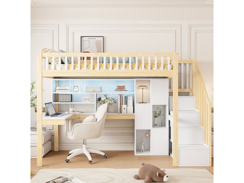  Lit mezzanine enfant 90x200 cm avec bureau intégré, échelle de rangement, étagères, niches et éclairage led, pin et mdf, blanc et naturel  - Conforama C