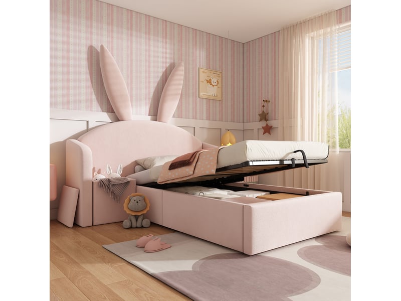  Modenvie lit enfant coffre 90x200 cm - table de chevet réversible, rangement hydraulique, sans matelas - rose  - Conforama D