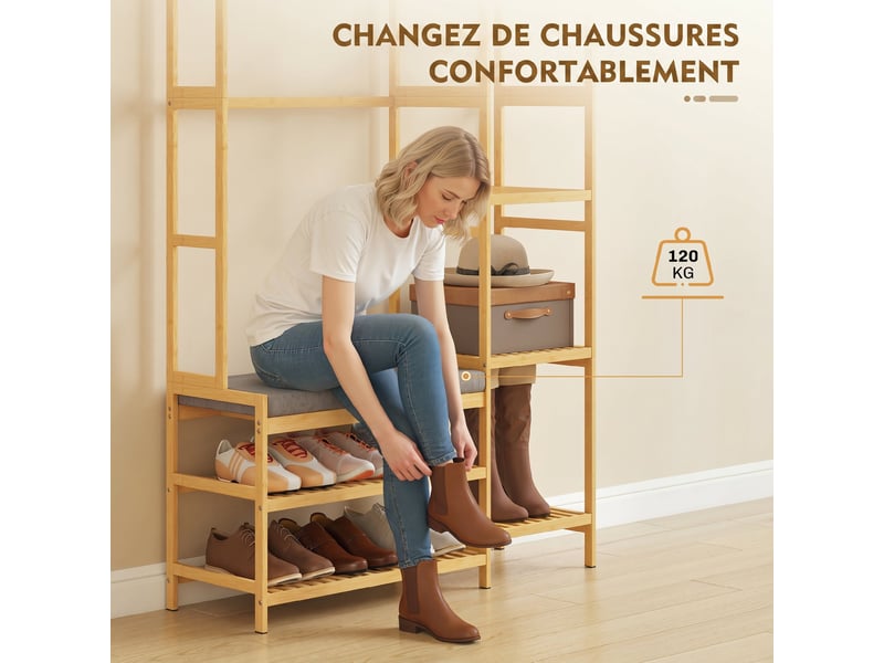  Meuble d'entrée en bambou, vestiaire d'entrée, banc, assise rembourrée, 10 crochets, tringle, 104x33x175cm, naturel  - Conforama R
