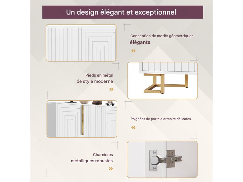  Buffet 2 portes 4 compartiments en mdf pieds en métal 152 x 40 x 75 cm  - Conforama D