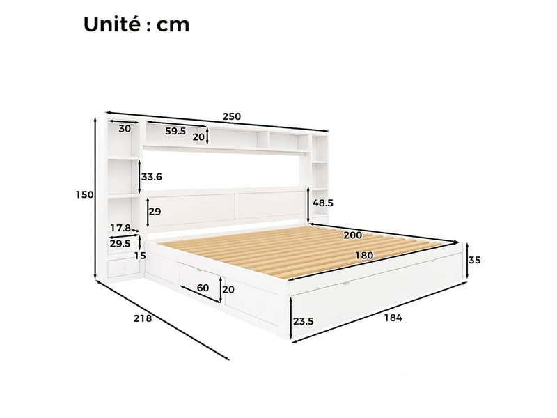  Lit plateforme 180x200 blanc avec rangement et 7 tiroirs, tête de lit avec étagères et led sans matelas  - Conforama C