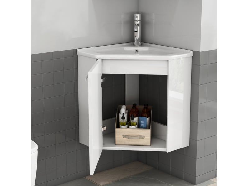 Meuble sous vasque d’angle avec vasque en céramique, 1 porte amortie, blanc, salle de bain 39,80 × 24,80 × 40 cm - Conforama C