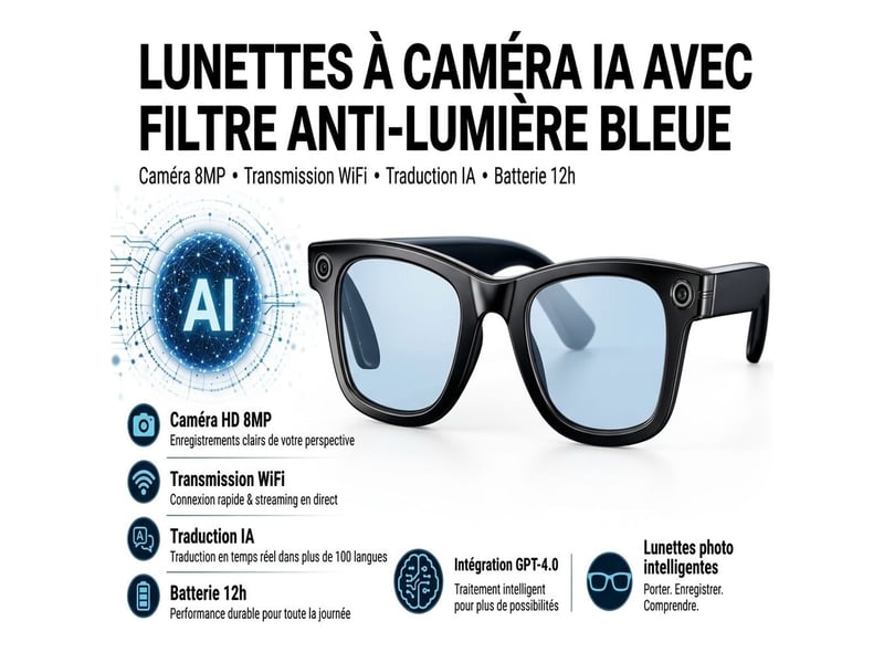  Lunettes connectées avec caméra 8mp 2k eis et ia – lunettes intelligentes sans fil wifi &amp; bluetooth 5.3 avec traduction en direct gpt, audio ouvert et étanche ip65 – noir  - Conforama B