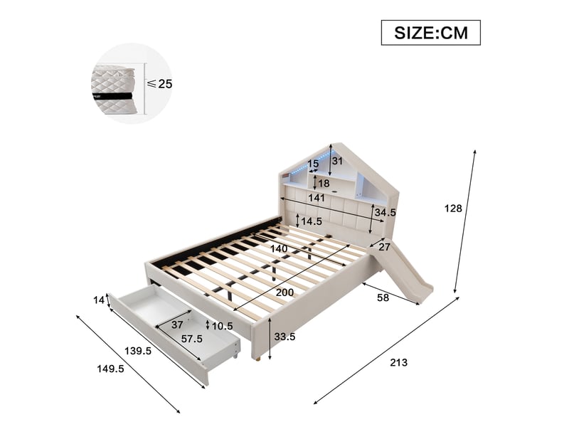  Lit enfant 140 x 200 cm beige en velours, avec toboggan réversible, led, rangement et port de charge intégré  - Conforama C
