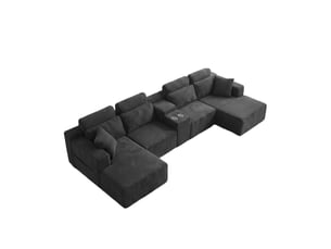 Canapé d’angle modulaire en u 373x151x81 cm compressé, porte-gobelets velours côtelé couleur gris foncé