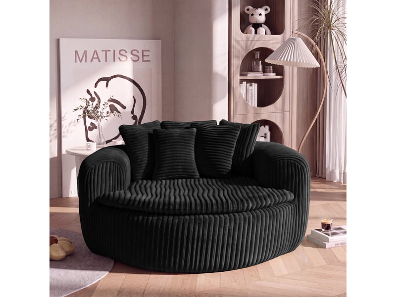  Fauteuil lounge noir tissu côtelé profond avec 5 coussins dossier large assise salon chambre  - Conforama W