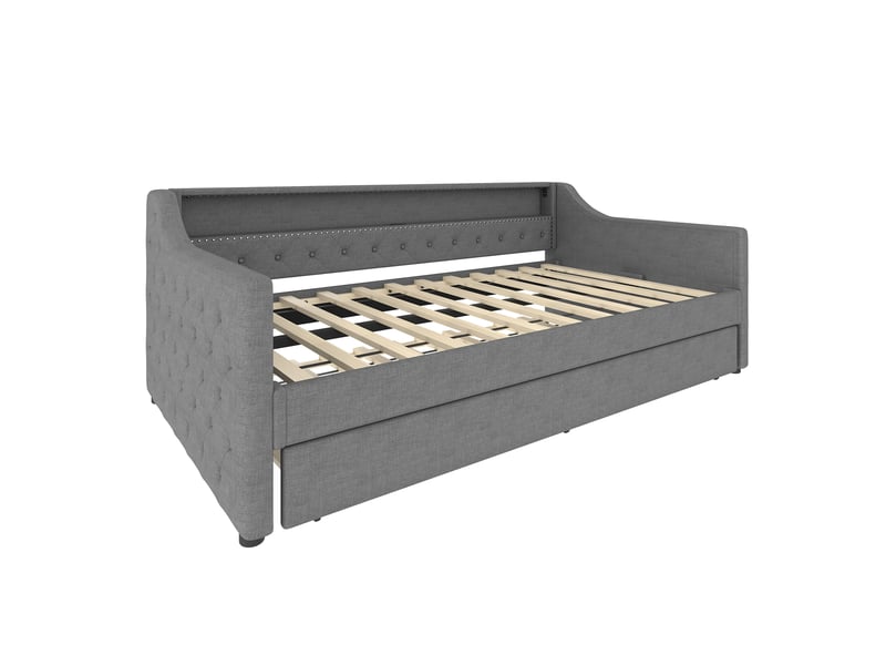  Lit enfant 90x200 cm avec led réglable, prises usb et modulable avec lit gigogne, lin et mdf, gris, sans matelas  - Conforama D