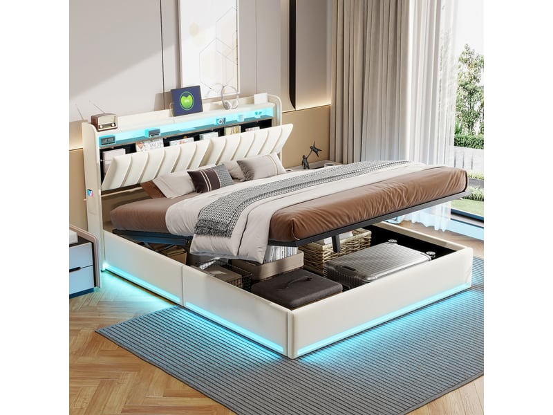  Lit double 140 x 200, lit coffre 140 x 200, éclairage led, port usb et type-c, table de chevet avec rangement, tissu de velours, beige  - Conforama A
