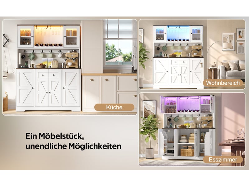  Buffet de cuisine blanc avec led rgb, prises usb, rangements à vin et portes vitrées, style rustique moderne  - Conforama E