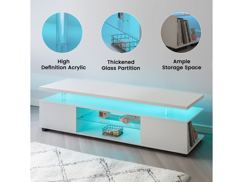  Meuble tv blanc 60 pouces, meuble tv led gamer avec rangements, 130x40x48 cm, en mdf robuste, blanc.  - Conforama E