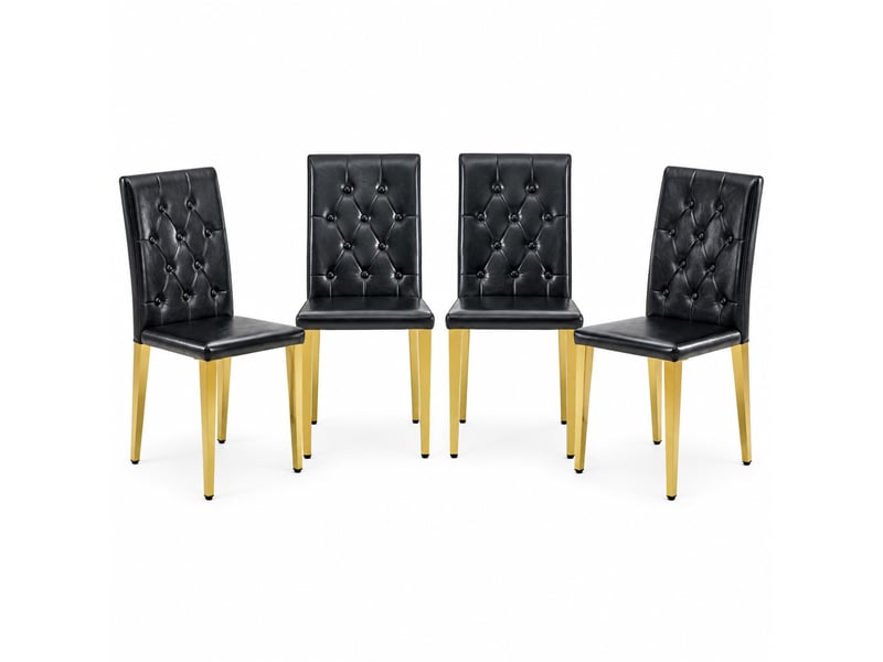  Chaises de salle à manger lot de 4 avec dossier matelassé  - pieds métal doré, simili cuir noir  - Conforama A