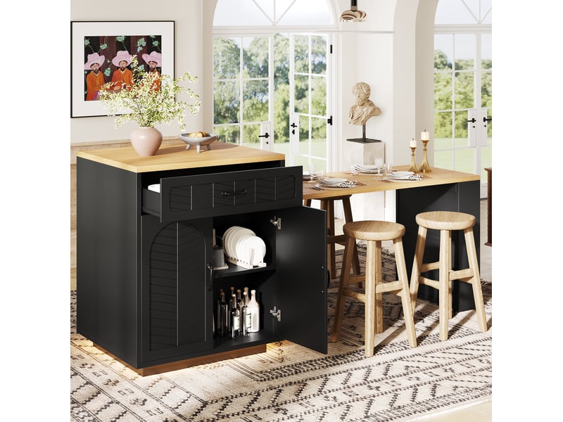 Îlot de cuisine 80 x 70 x 95,5 cm – noir – table extensible, rangements intégrés et bande led - Conforama D