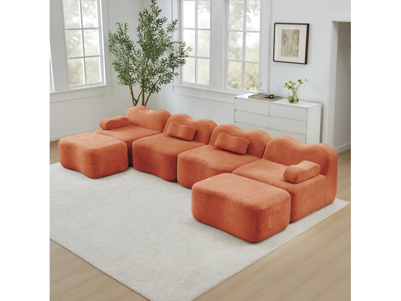  Canapé modulable 4 places en u avec 2 ottomans en velours orange  - Conforama B