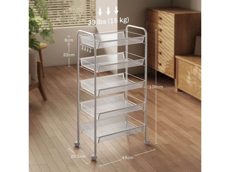 Desserte de cuisine avec 5 paniers, 4 crochets et 4 roulettes pour cuisine et salle de bain, 45×26,5×106 cm - Conforama D