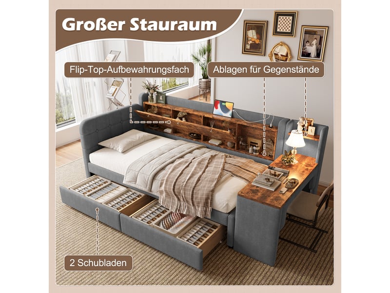  Lit banquette 90x200 en lin gris, lit canapé avec bureau modulable, 2 tiroirs et ports usb type c  - Conforama E