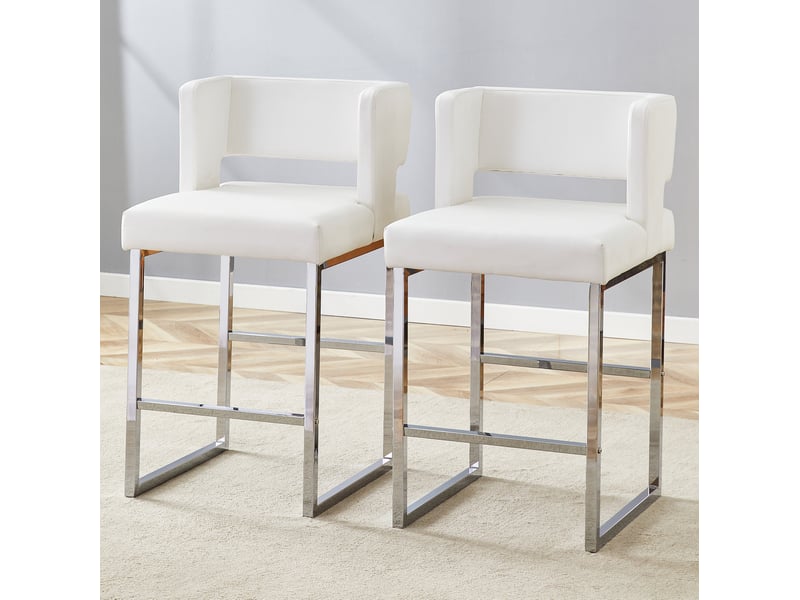  Tabouret de bar lot de 2 avec assise rembourrée carrée et structure stable, en métal et simili cuir blanc argenté  - Conforama C