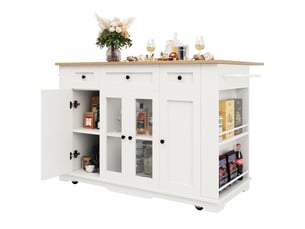 Îlot de cuisine avec cloisons amovibles, buffet et armoire en verre trempé blanc, chariot salle à manger plateau bois