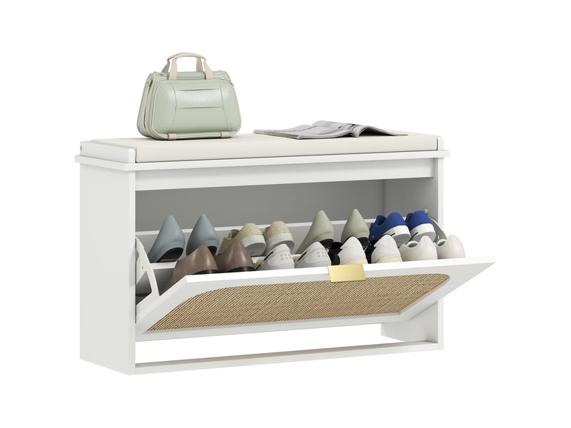  Banc à chaussures bohème avec assise rembourrée, porte en rotin, tiroir abattant, étagère réglable, 8 paires, 80 x 26 x 47,5 cm, blanc  - Conforama A