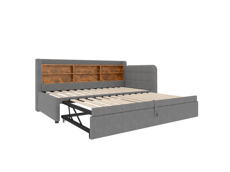 Lit banquette gris 90/180x200 cm extensible avec rangements, usb et type-c - Conforama E