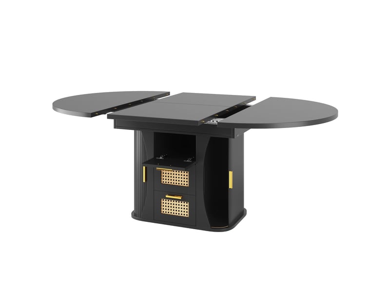  Table extensible 158 cm rangement intégré table repas tiroirs en rotin structure en mdf aspect bois finition noir naturel et marron format extensible  - Conforama D