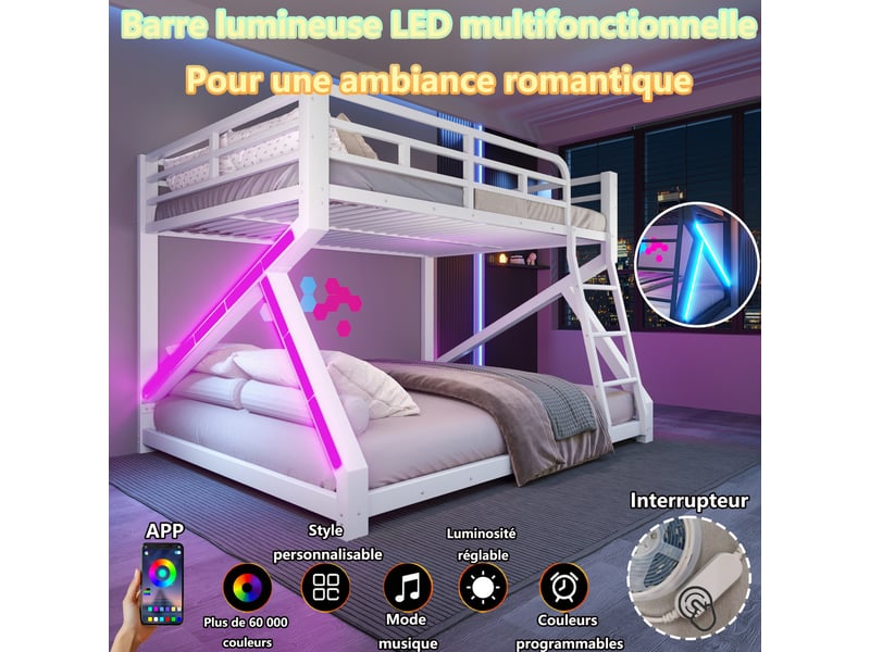  Lit superposé 140x200 et 160x200 cm, éclairage led, échelle et barrières de protection, métal, blanc OMNIGLINT TRADING LTD - Conforama E