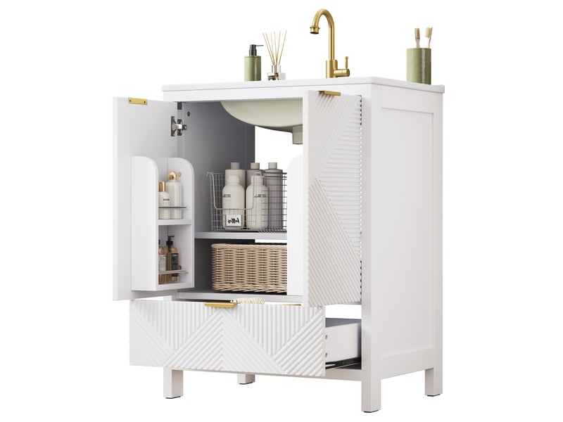 Meuble vasque salle de bain blanc 61 cm avec lavabo céramique, portes soft-close, étagères et tiroirs - Conforama D