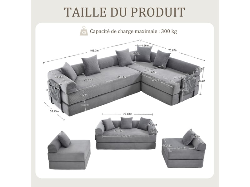 Canapé d'angle 4 places moderne 270x180x64 cm, modulable à volonté, poches, rangement, velours côtelé gris foncé - Conforama C