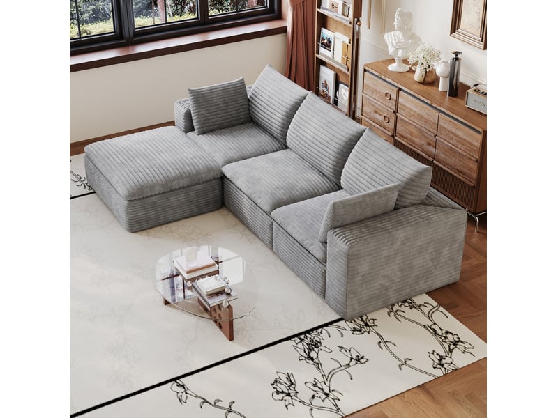  Canapé modulaire 4 places avec méridienne, coussins amovibles et assise en mousse, velours côtelé gris foncé  - Conforama E