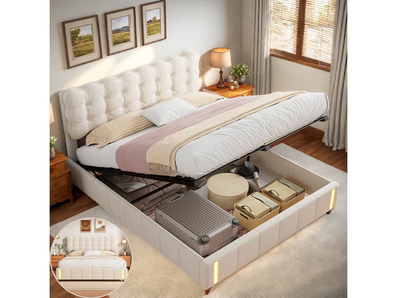 Lit 2 personne 140x190 cm avec éclairage led - lit coffre double avec rangement hydraulique - lit adulte capitonne avec sommier - tête de lit rembourré en velours, 2 places, beige - fonctionnel - sans matelas - chambre adultead… - Conforama D