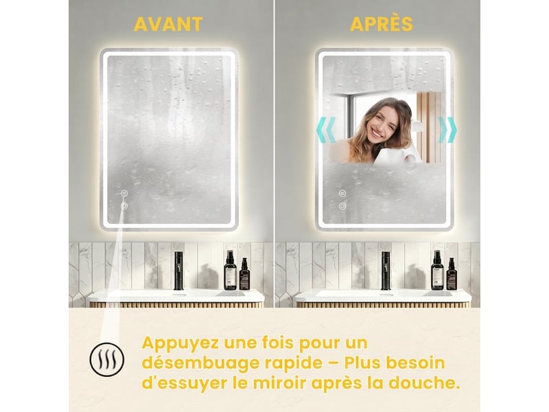  Miroir de salle de bain led 60x80 cm sans cadre, mural, 3 couleurs de lumière  - Conforama D